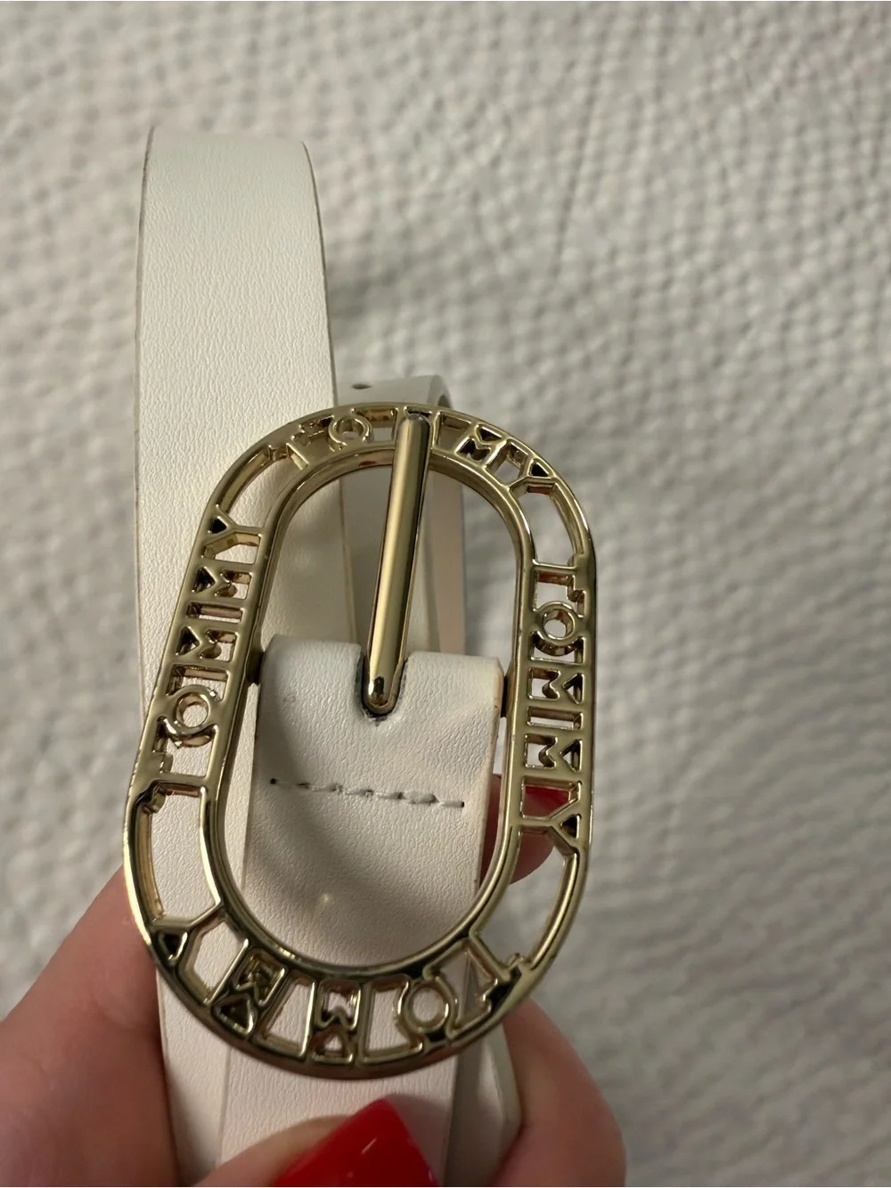 Tommy Hilfiger White Logo Buckle Belt Size L Faux Leather
